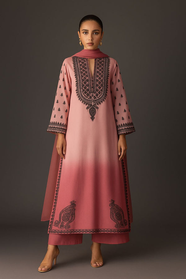 Shamoze Silk Gala Border & Simple 2 Tone Tye N Dye 3Pcs Dress KS0825149