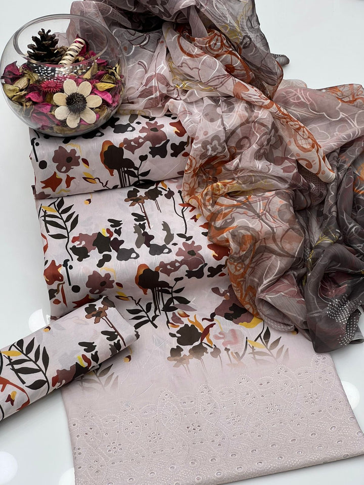 Monar Swiss Lawn Jall Embroidery Chiken Border Flower Print 3 Pcs Dres ...