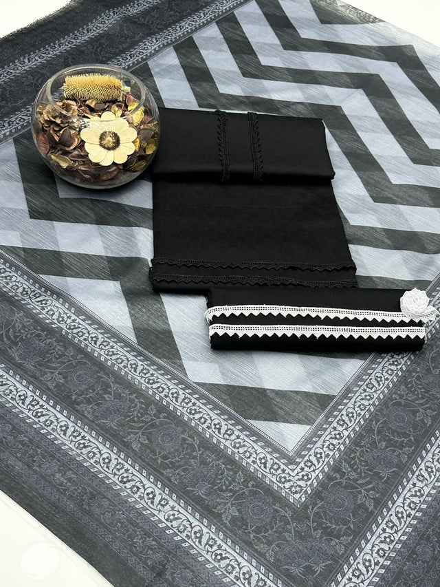 Self Black Jacquard Lawn Shirt Including Laces , Plain Black Trouser Along With Floral Print Monar Lawn Dupatta 3 Pcs Dress 👗.