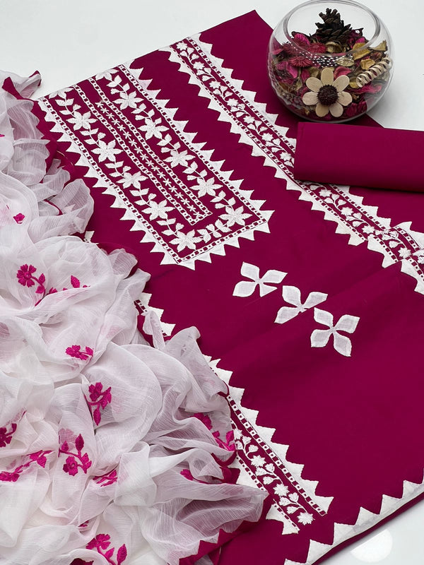 Soft Cotton Applick With Pakka Embroidery Work 3Pcs Dress KS0725335