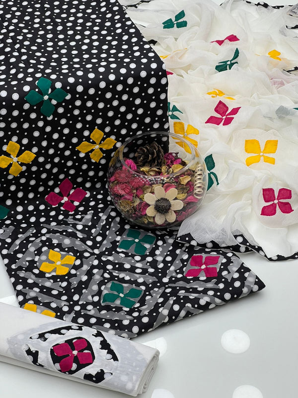 Soft Cotton Polka Print With Applick Border 3 Pcs Dress KS0725345