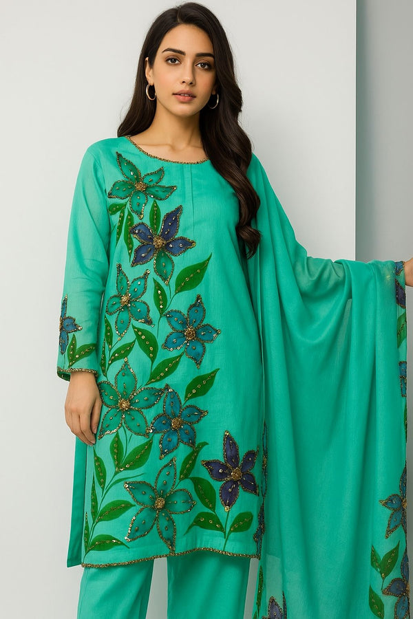 Pure Pk Chiffon Hand Paint With Pearls and Sequence With Naqshi Detailings 2 Pcs Dress KS0825400
