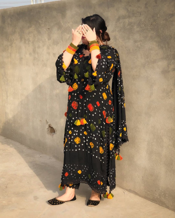 Linen Rajhistani Handmade Chunnri All Over Chunnat 4 Pcs Dress KS0925410