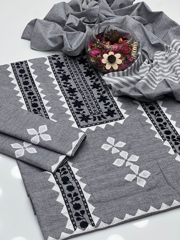 Soft Cotton Khaddar Embroided Gala With Applick Work 3Pcs Dress KS0925411