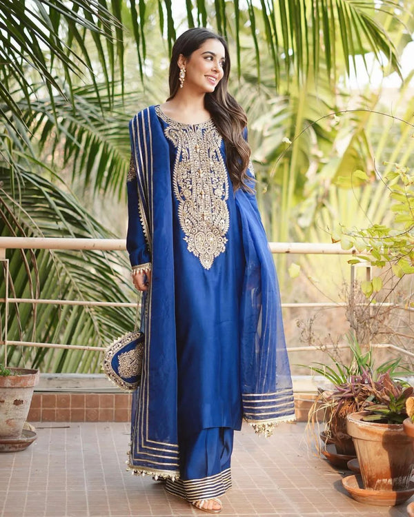 Kathan Silk Tilla Mirror Work Neck & Sleeves Embroidery KS0924428