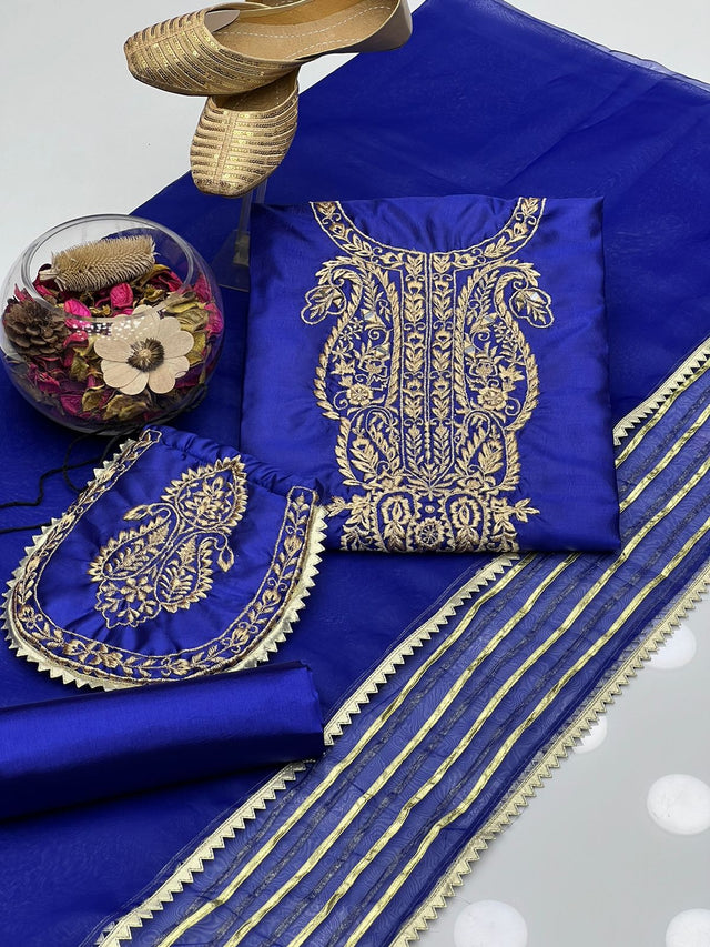Kathan Silk Tilla Mirror Work Neck & Sleeves Embroidery KS1023432