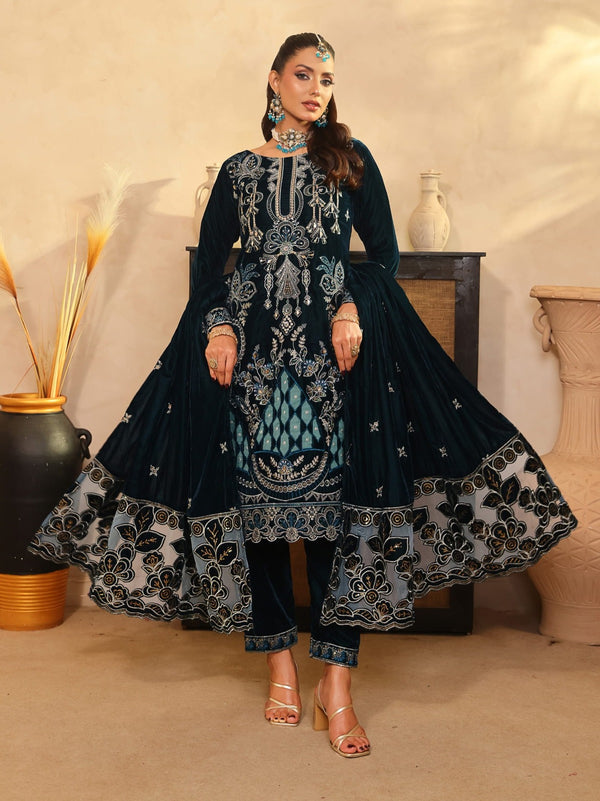 Velvet Front Full Fancy Handmade Beats , Sequence Tilla Heavy Embroidery Work 3Pcs Dress KS0925450