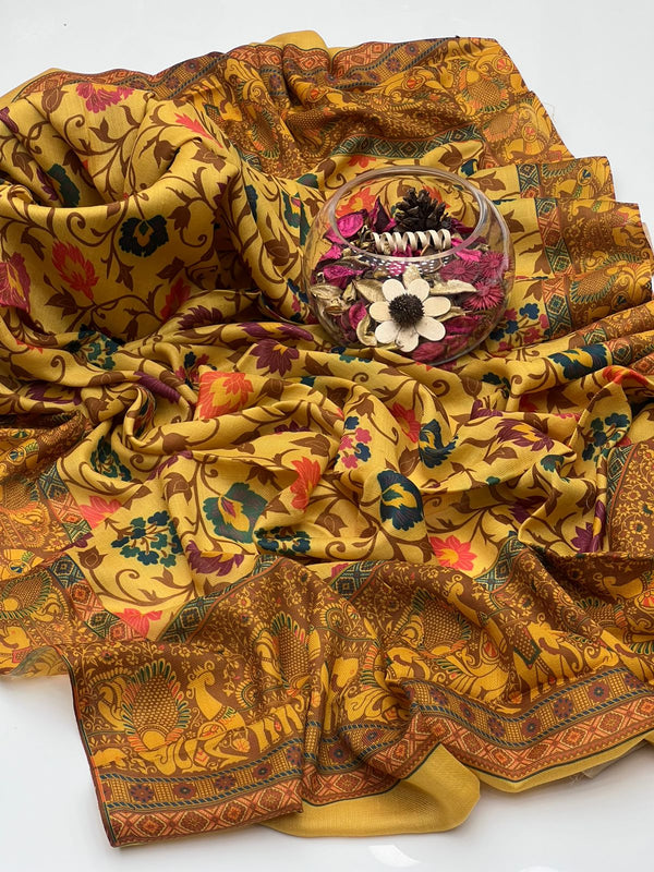 Pashmina Wool Anarkali Style Border قلم کار Style Jaal Digital Print Shawl KS1025467