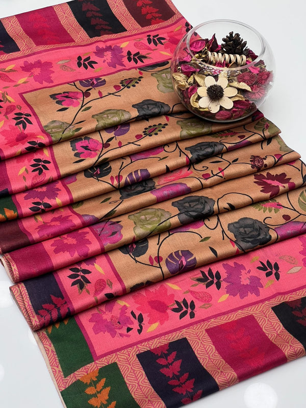 Pashmina Wool Multi Colors Border قلم کار Style Jaal Digital Print Shawl KS1025468