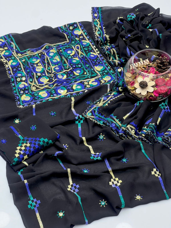 Korean Georgette Embroidered With Mirror Work 2 Pcs Dress KS1025497