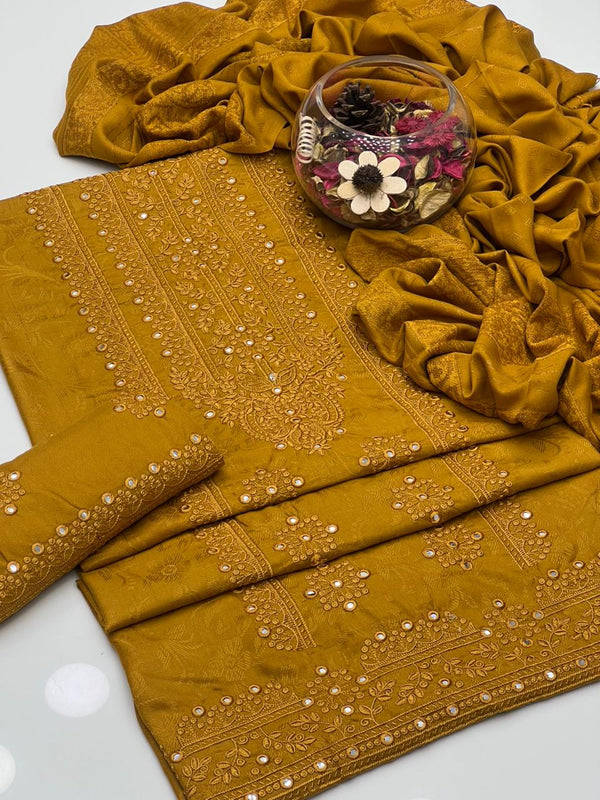 Dhanak Self Print Gala Border Embroidery With 9 MM Panni Work 3Pcs Dress KS1025505