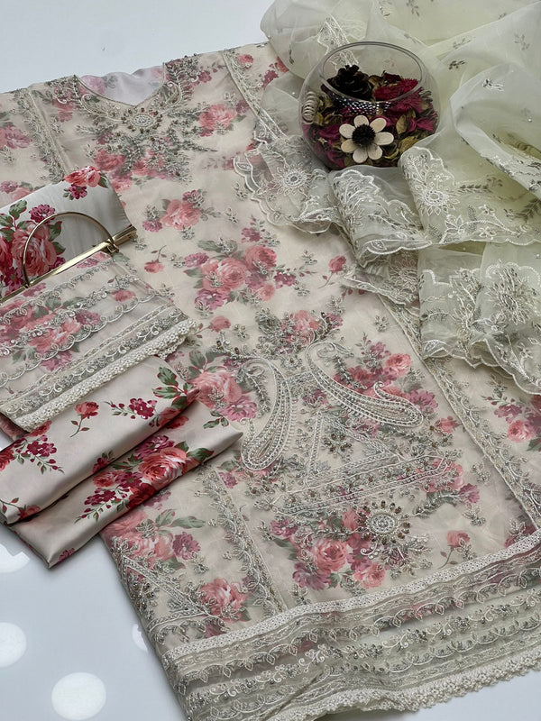 SEMI Stiched EMBROIDERED DESIGNS ON FANCY Organza Fabric 3Pcs Dress KS1025508