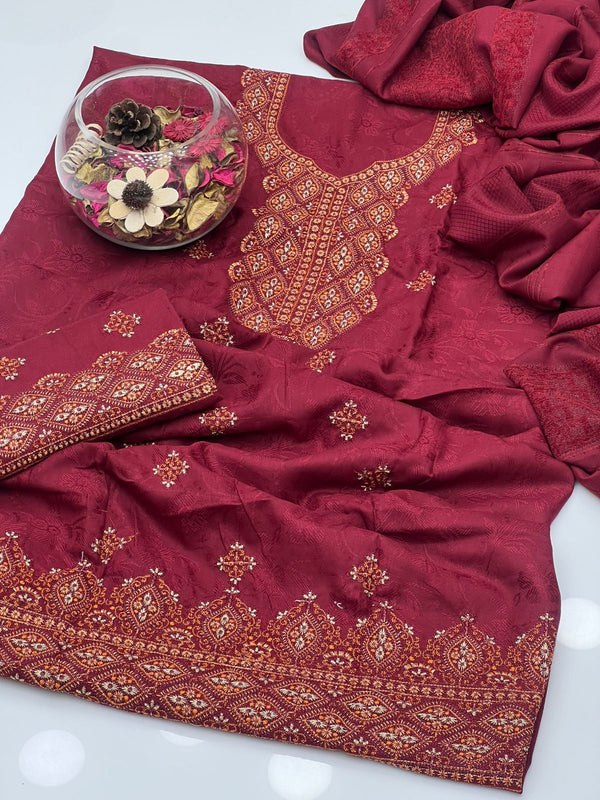 Dhanak Self Print Gala Border Kashmiri Embroidery 3Pcs Dress KS1025512