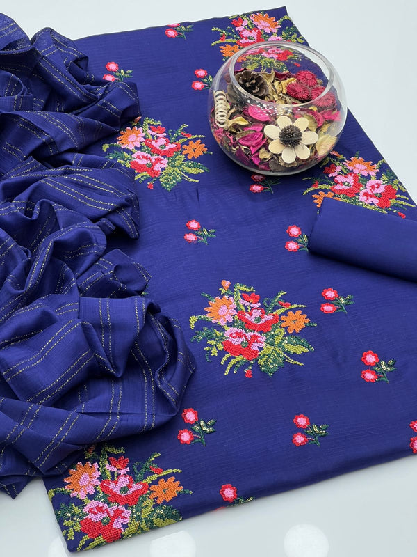 Dhanak Self Print Cross-Stitch Embroidery 3 Pcs Dress KS1025515