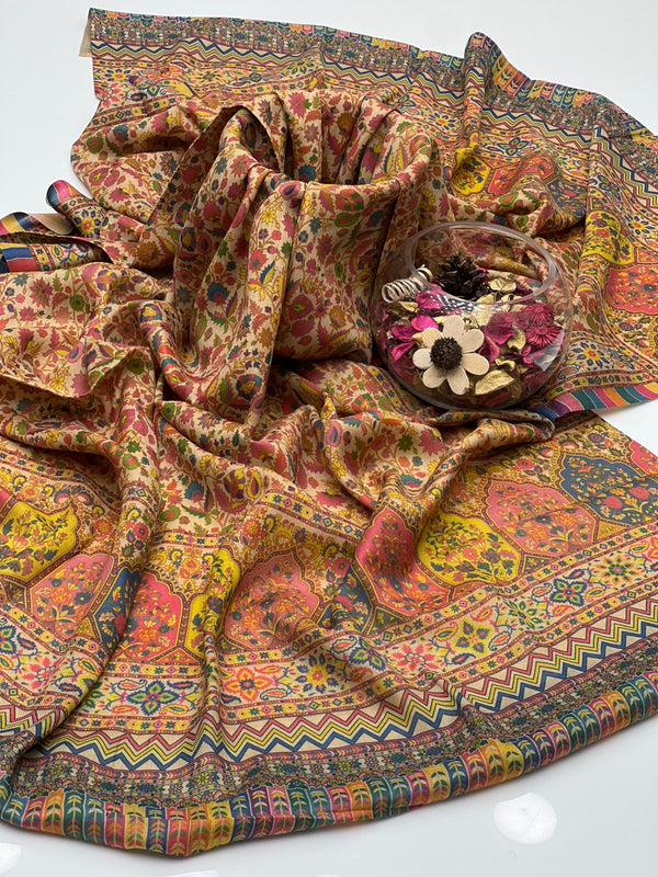 Pure Pashmina Wool Anarkali Style Jaal With Border Style Digital Print Shawl KS1025525G