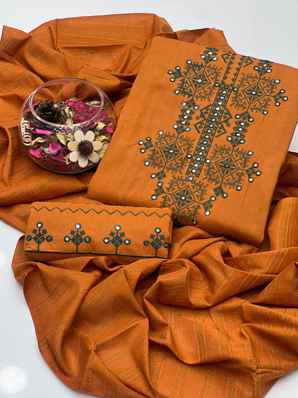 Bana Dora Dhanak Fabric Cross Stichd Embroidery Gala Border 3pcs Dress KS1025529