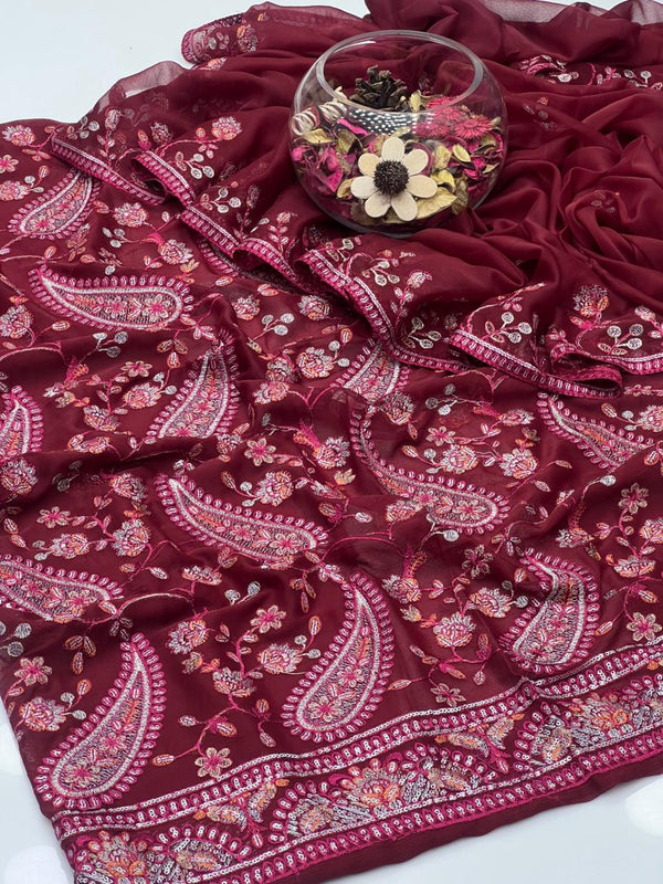 Pure Bamber Chiffon Breeze Tila Sequence  Embroidery Front Full Jaal 2Pcs Dress KS1025535