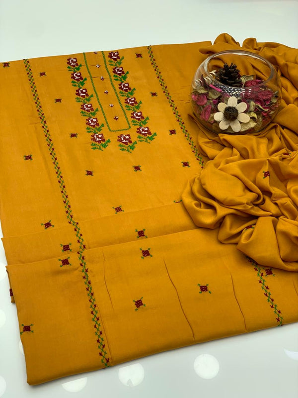 Linen Cross-Stitch Gala & Kaliyan Kurta Style Embroided 3Pcs Dress KS1125554