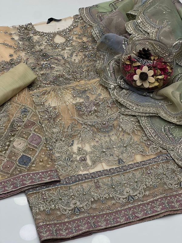 Semi Stitched Luxury Organza Embroided Adda Tanka Handwork Embroided 3 Pcs Dress KS1125569