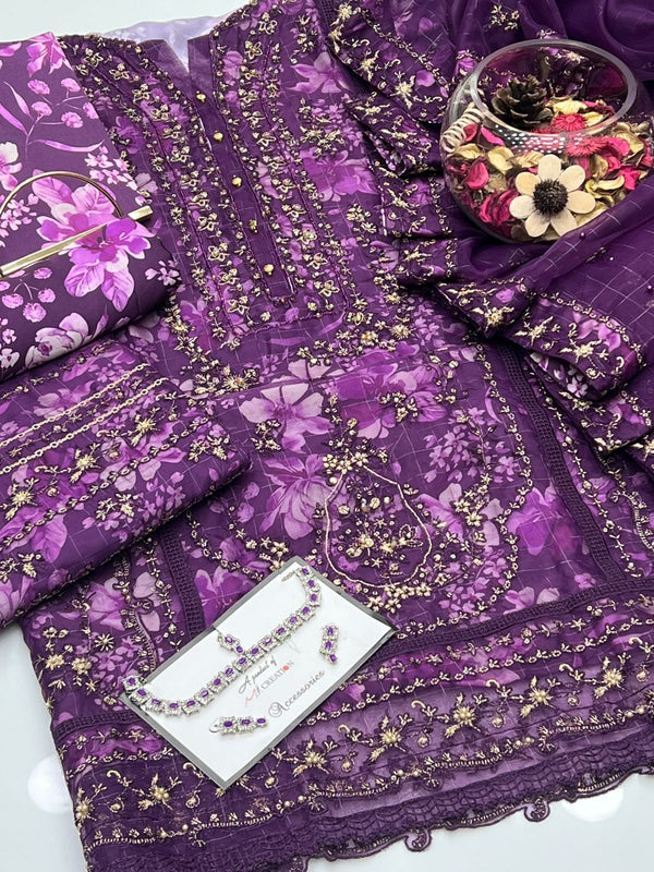 SEMI Stiched Unique Embroidered Designs On Fancy Organza Fabric With Lace Detailing & Adda Takai Work Printed Silk Inner Included With Organza Luxurious Embroidered 3 Pcs Dress KS1125577