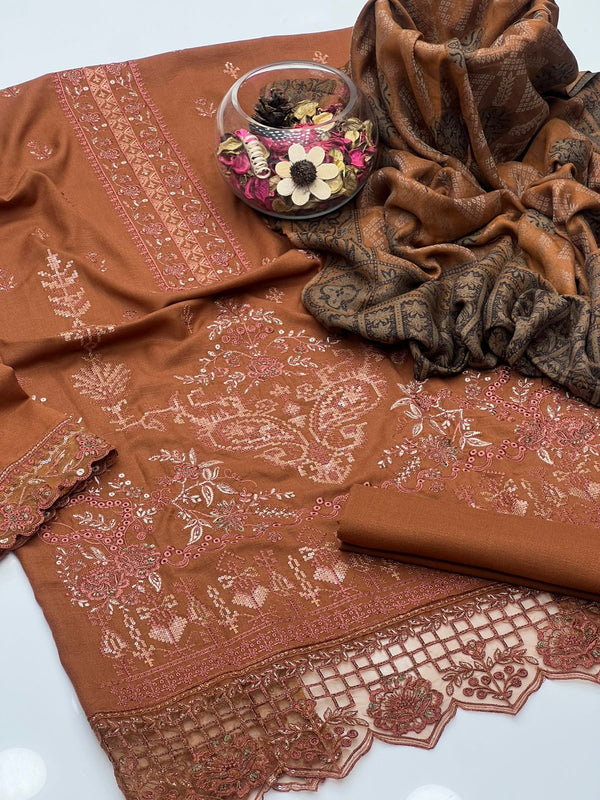 Unstitched Slub Dhanak Peach Embroided 3 Pcs Dress KS1125584