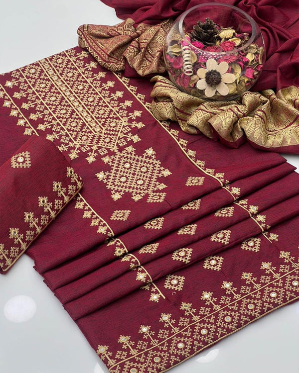 Soft Khaddar Cross-Stitch & Plastic Mirror Gala Border Embroidery 3Pcs Dress KS1125585