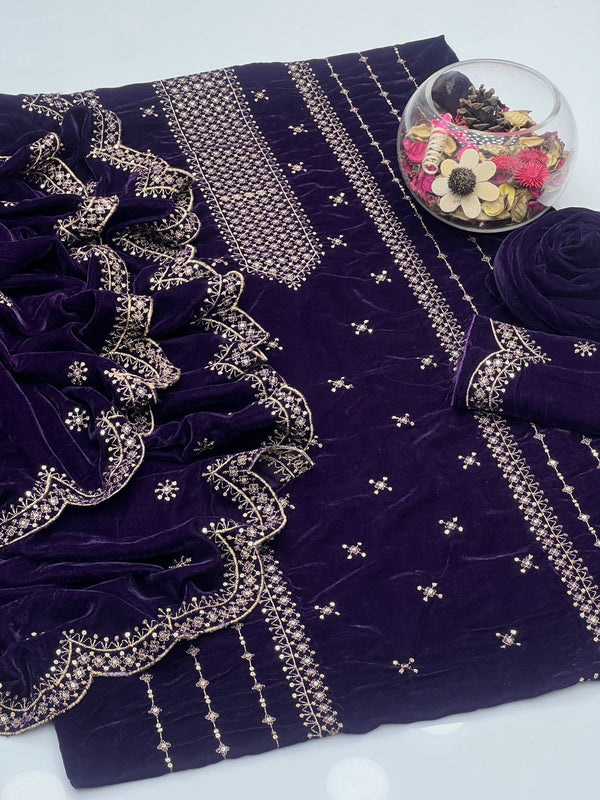 Velvet Tilla & Sequence Work 3Pcs Dress KS1125590