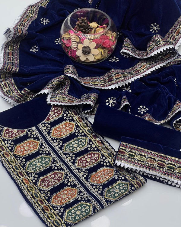 Fancy Multi Embroidered Pure 9000 Micro Pound Velvet 3 Pcs Dress KS1125594