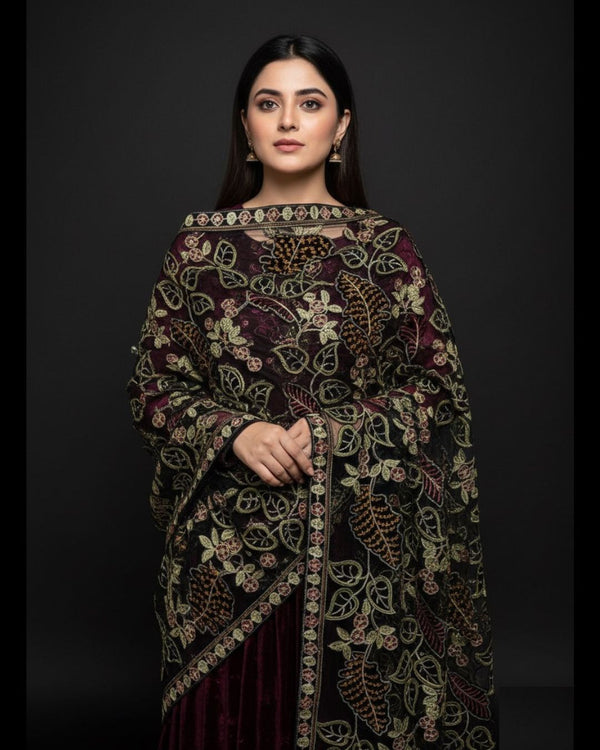 Valvet Cutwork Arri Embroided With Net Jaal Shawl KS1125599