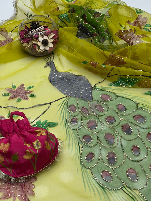 Organza Hand Work Beats Sequence & Oil Paint Peacock 🦚 Style 4 Sided  Lace Work Dupatta KS1025465