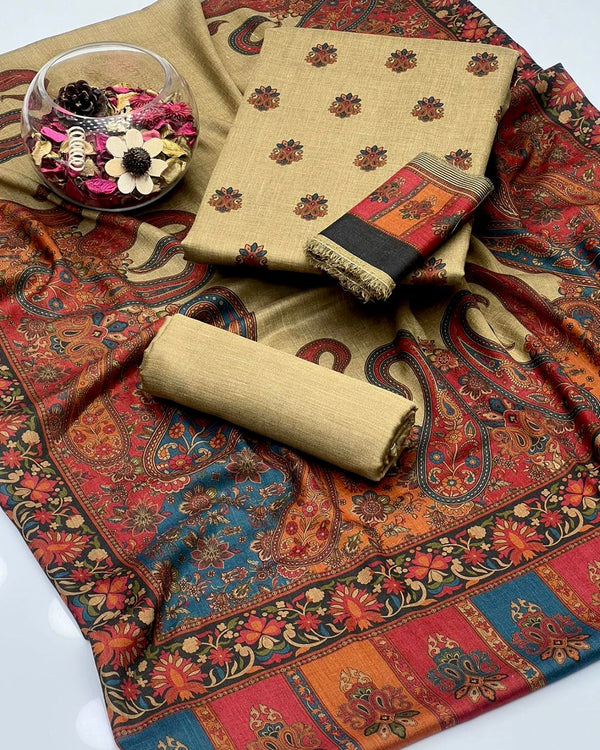 Pure Pashmina Kashmiri Wool قلم کار Print Front Back 3 Pcs Dress KS1225625A
