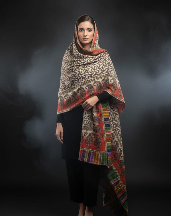 Pure Pashmina Wool Anarkali Style Jaal With Border Style Digital Print Shawl KS1025525C