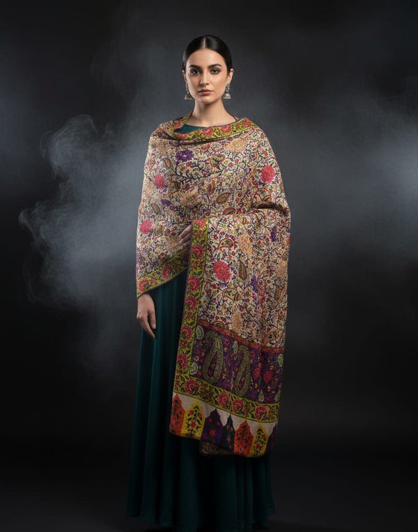 Pure Pashmina Wool Anarkali Style Jaal With Border Style Digital Print Shawl KS1025525A