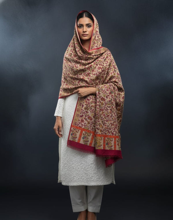 Pure Pashmina Wool Anarkali Style Jaal With Border Style Digital Print Shawl KS1025252E