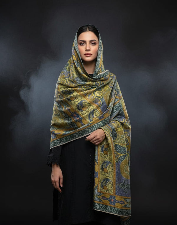 Pure Pashmina Wool Anarkali Style Jaal With Border Style Digital Print Shawl KS1025525M
