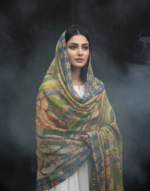 Pure Pashmina Wool Anarkali Style Jaal With Border Style Digital Print Shawl KS1025525L