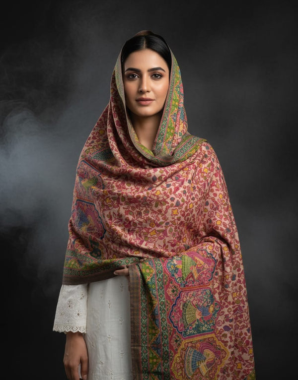 Pure Pashmina Wool Anarkali Style Jaal With Border Style Digital Print Shawl KS1025525N