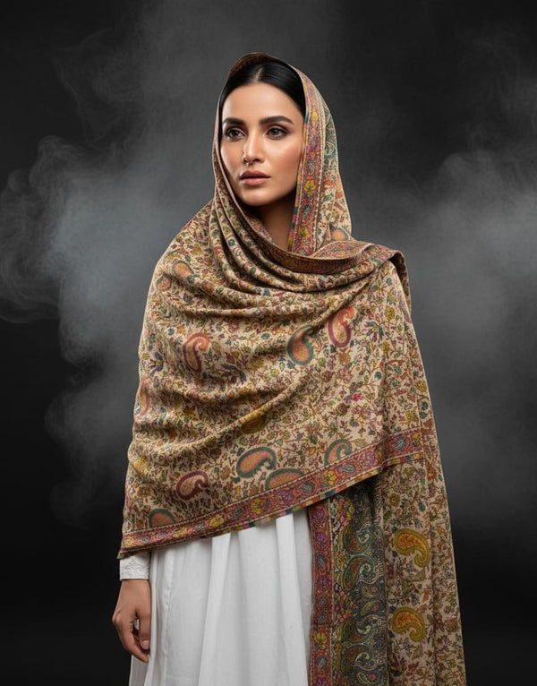 Pure Pashmina Wool Anarkali Style Jaal With Border Style Digital Print Shawl KS1025525H