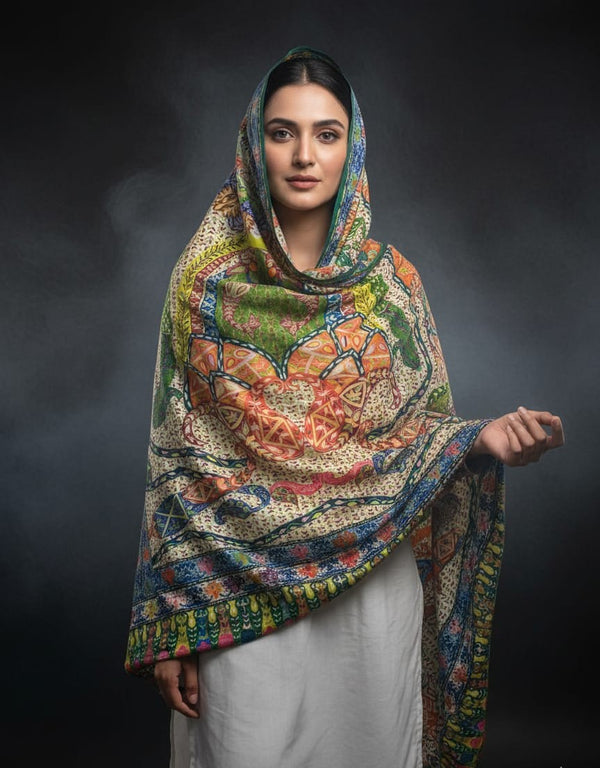 Pure Pashmina Wool Anarkali Style Jaal With Border Style Digital Print Shawl KS1025525K