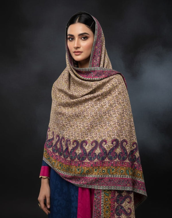 Pure Pashmina Wool Anarkali Style Jaal With Border Style Digital Print Shawl KS1025525F