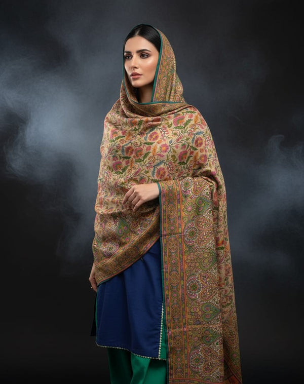 Pure Pashmina Wool Anarkali Style Jaal With Border Style Digital Print Shawl KS1025525O