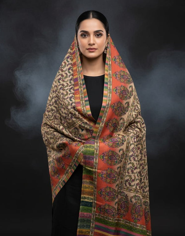 Pure Pashmina Wool Anarkali Style Jaal With Border Style Digital Print Shawl KS1025525B