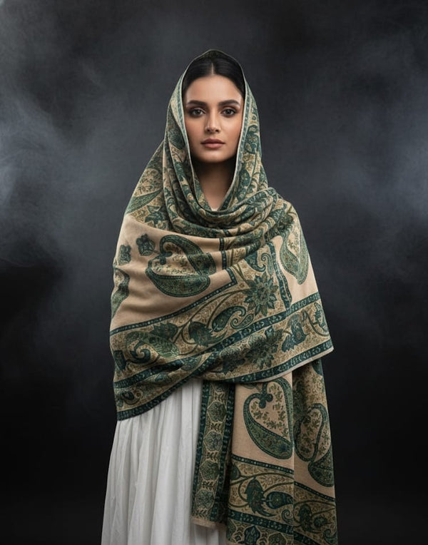 Pure Pashmina Wool Anarkali Style Jaal With Border Style Digital Print Shawl KS1025525I