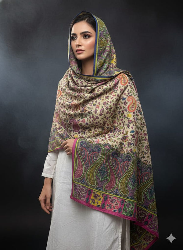 Pure Pashmina Wool Anarkali Style Jaal With Border Style Digital Print Shawl KS10225525P