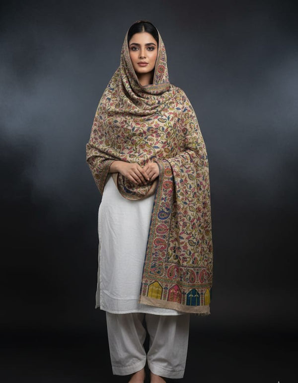 Pure Pashmina Wool Anarkali Style Jaal With Border Style Digital Print Shawl KS1025525Q