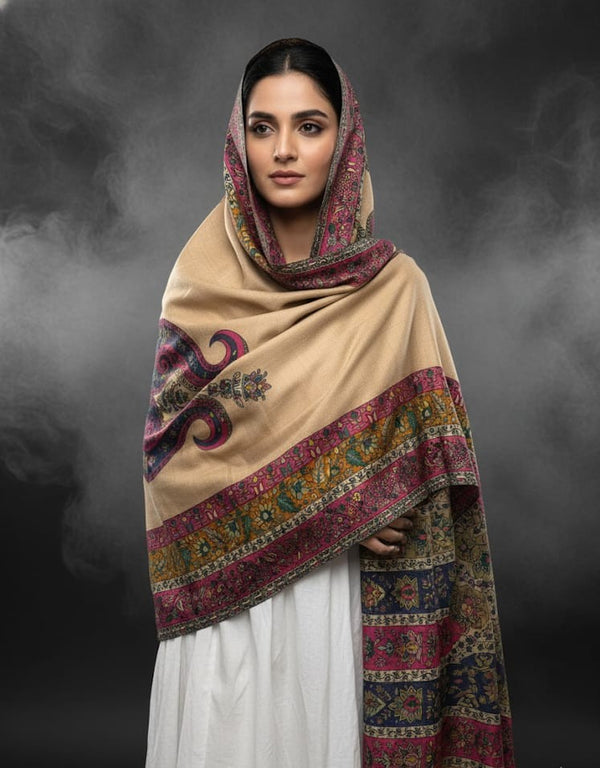 Pure Pashmina Wool Anarkali Style Jaal With Border Style Digital Print Shawl KS1025525R