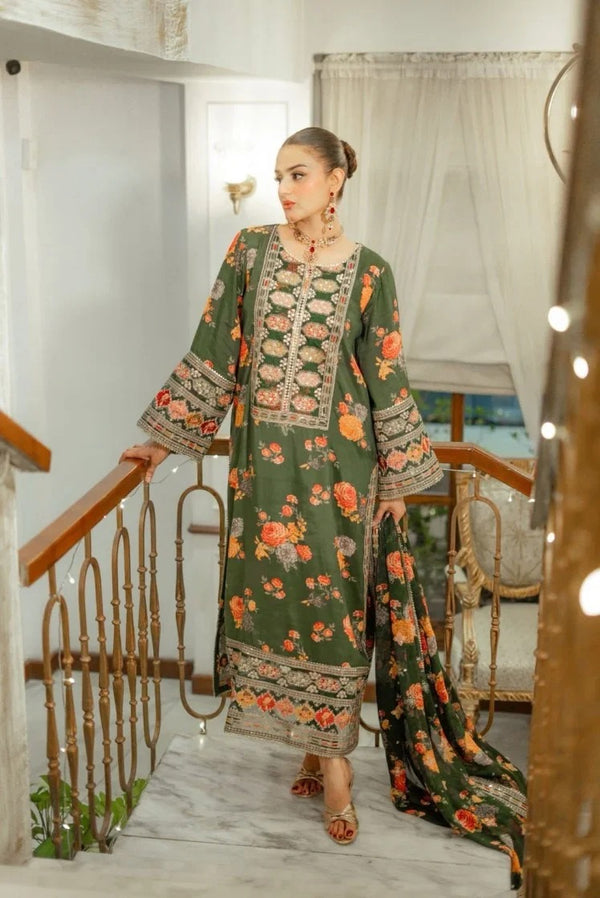 Shamoze Silk Digital Print  With Embroided Neck,Border & Sleeves Patch Work 3Pcs Dress KS1025503