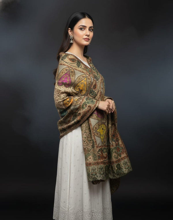 Pure Pashmina Wool Anarkali Style Jaal With Border Style Digital Print Shawl KS1025525D