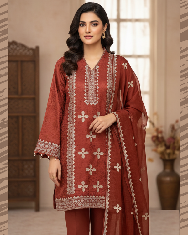 Self Print Viscose Applick Style Cross Stitch Embroidery 3 Pcs Dress KS1025461