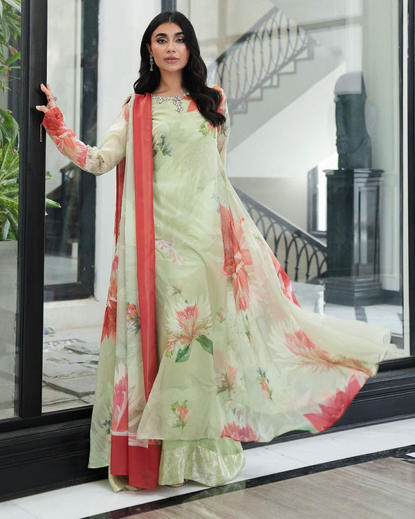 Shamoze Silk Fancy Neck Work Digital Print 3PC Dress KS1225622